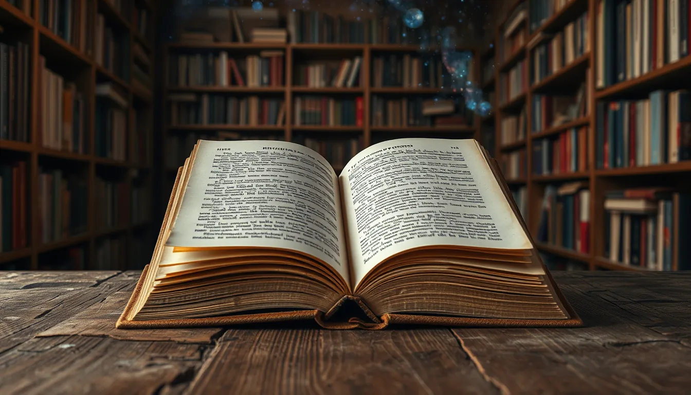 Eye-level view of an ancient book resting on a wooden table