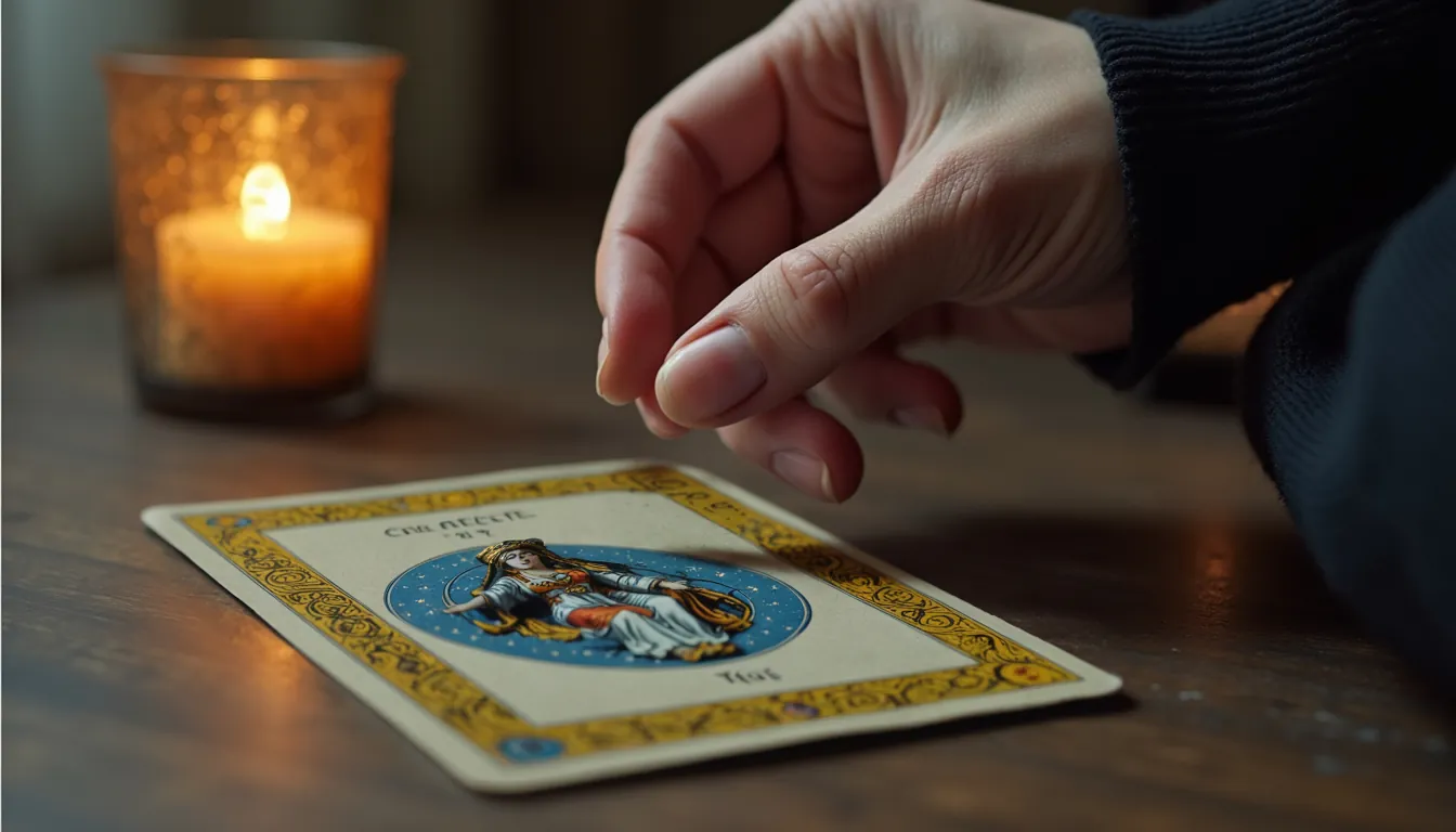 Close-up view of a hand holding a pendulum over a tarot card